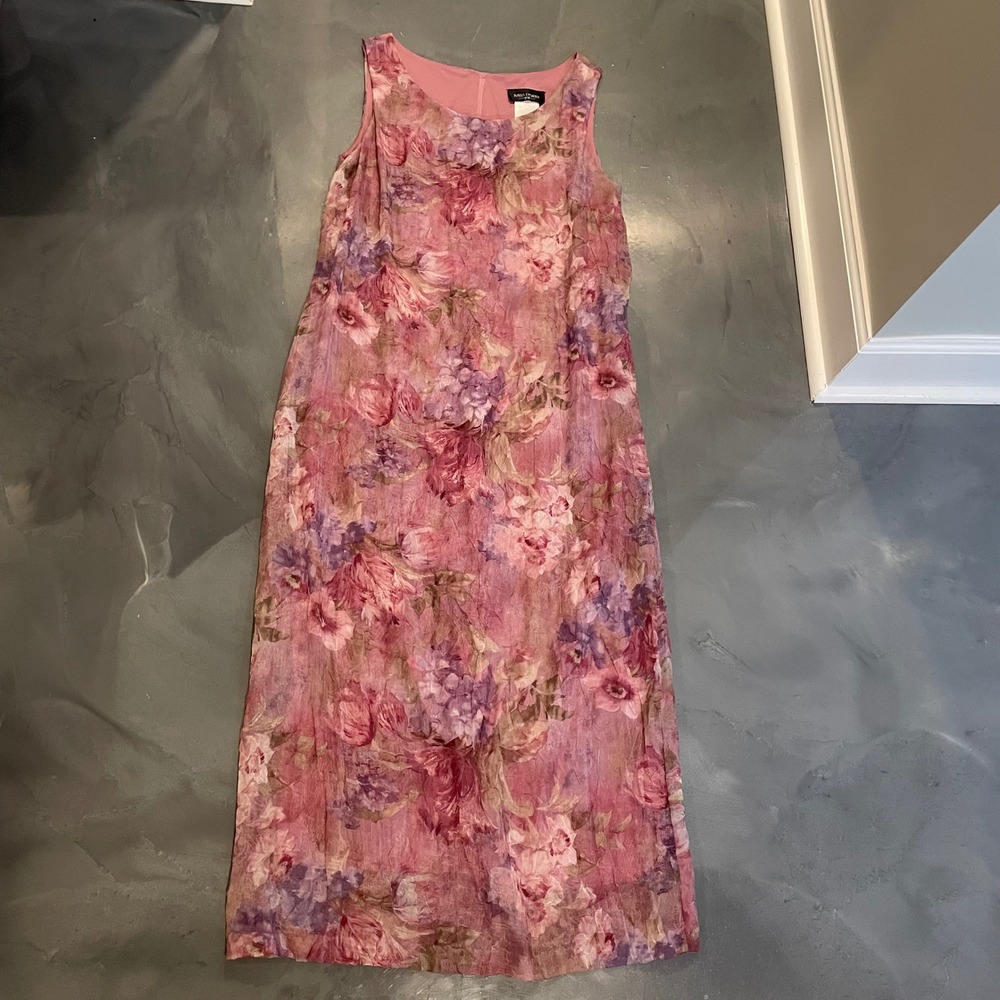 Miss Dorby‎ VTG Pink Floral Crinkle Maxi Dress Sleeveless Sz 14 Garden Cottage